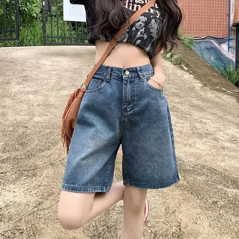 High Waist Five-Quarter Women's Jeans Straight Leg Slimming American Retro Design Loose Wide Leg Mid-Length Shorts