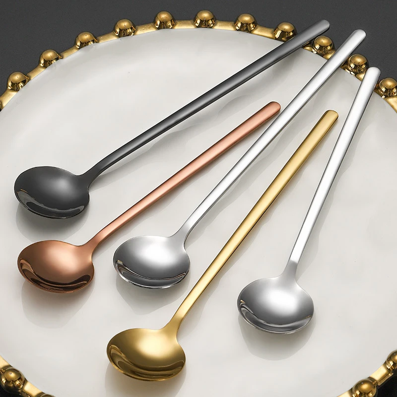 1pc/6pcs Long Handle Teaspoon 304 Stainless Steel Coffee Spoon Round Head Korean Style Spoons for Dessert Honey Salad Tea