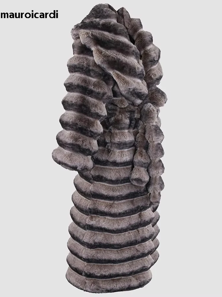 Mauroicardi Winter Maxi Colorful Thick Warm Striped Soft Faux Chinchilla Fur Coat Women Elegant Luxury Chic Furry Overcoat 2024