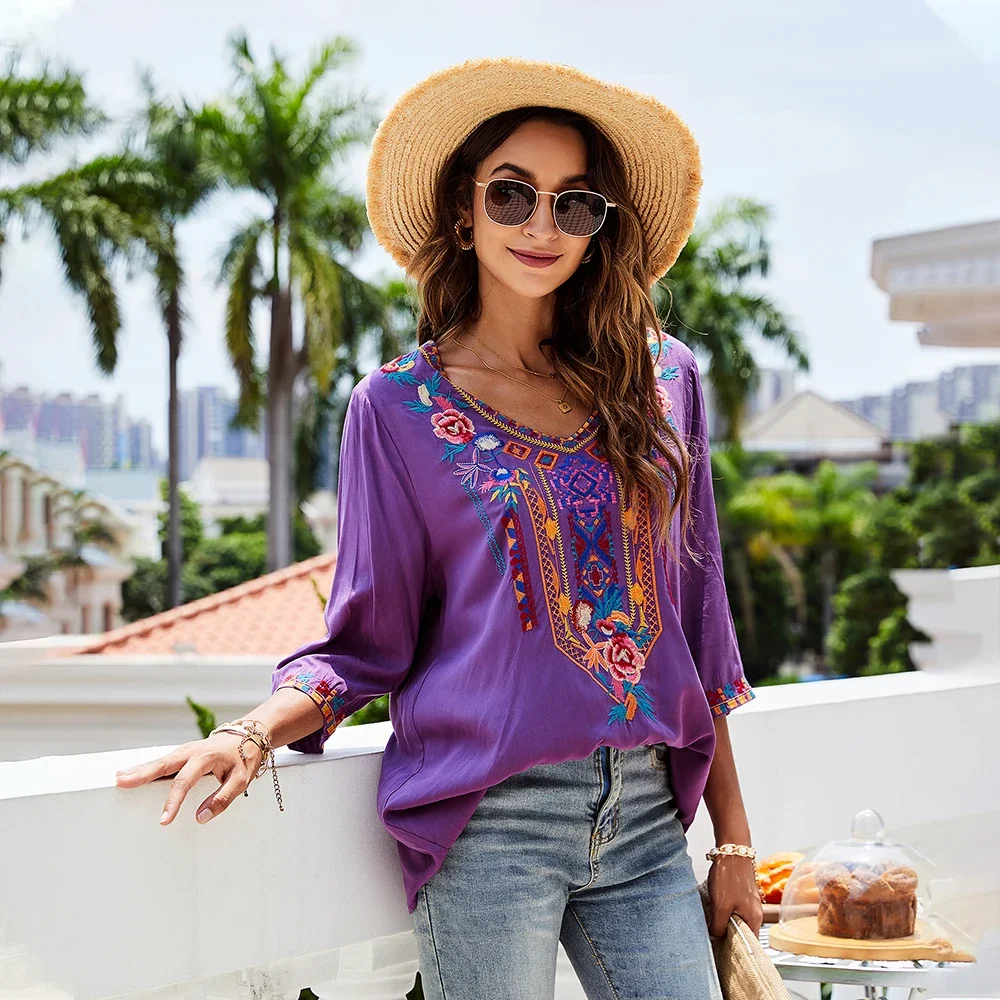 Eaeovni Embroidered Shirts for Women Boho Tops and Blouses 3/4 Sleeve Bohemian Peasant Summer Fall Tunic Top