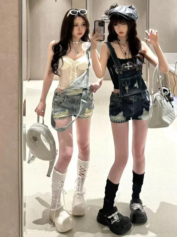 Amerykańskie retro, urocze, wyszczuplające dżinsowe szorty damskie, letnie modne spodnie z wysokim stanem, kombinezon z paskiem i wycięciami.