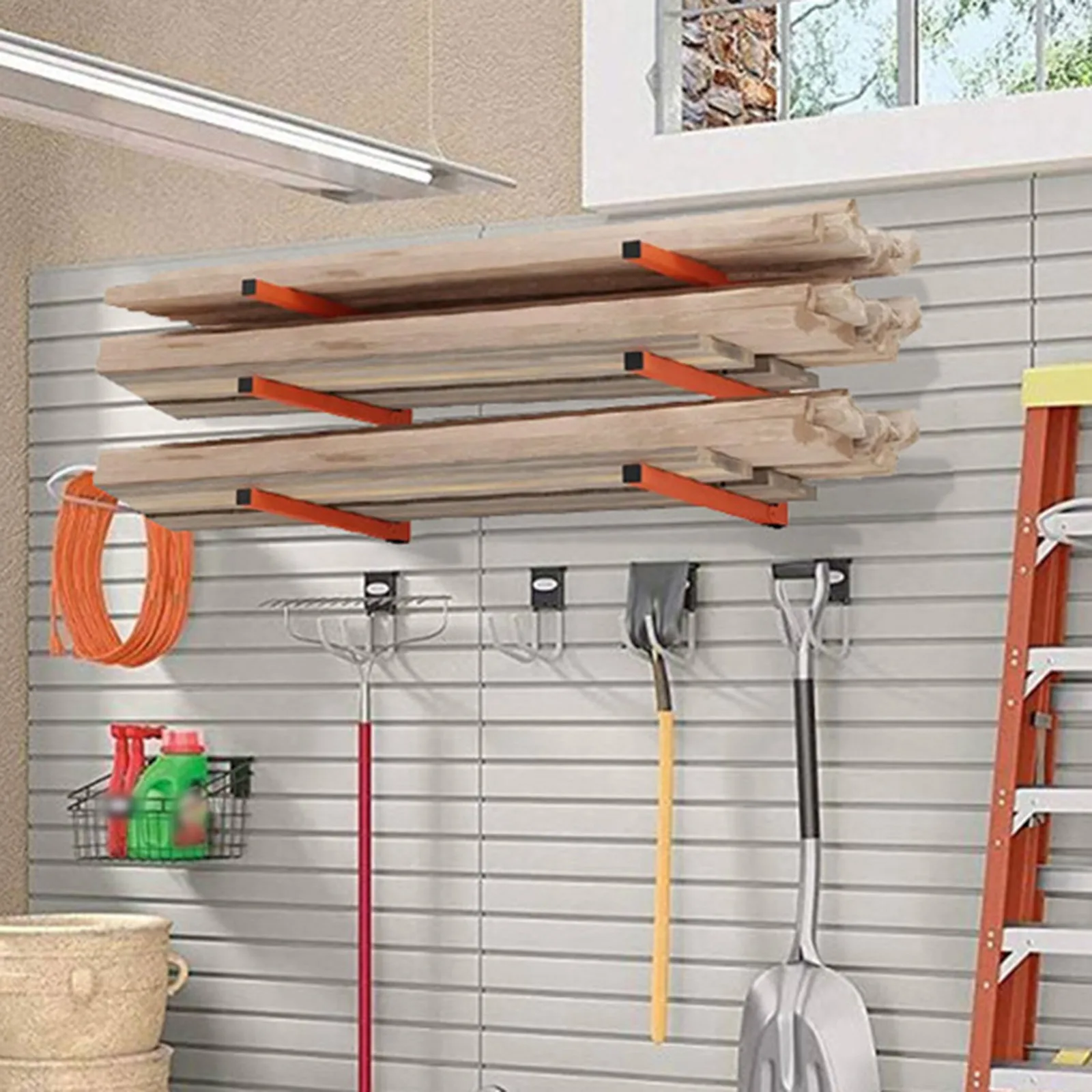 2 Pieces Wall Mount Wood Organizer Sturdy Heavy Duty with 3 Level Lumber Storage Rack for Basement Indoor Outdoor Shed Workshop