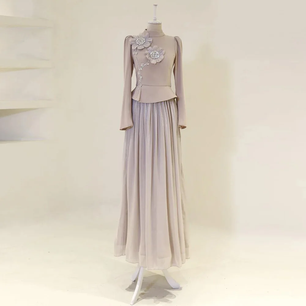 Vestido de noite de duas peças personalizado, gola alta, mangas compridas, miçangas, flores, arábia saudita, vestido de baile
