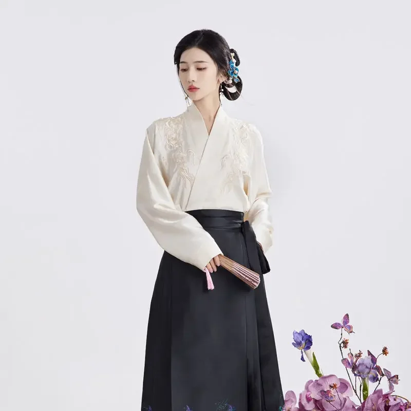 3 Color Song Dynasty Original Flower Cluster Cross Collar Embroidered Machine Sleeved Hanfu Top for Women Autumn Fashion Top