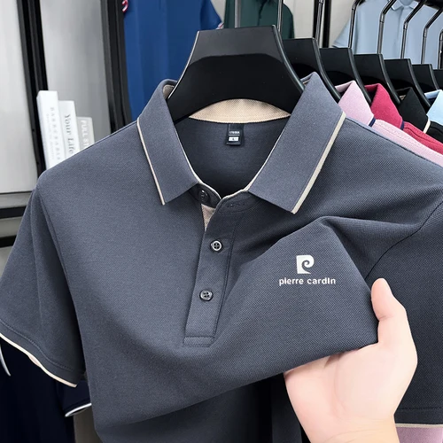 Imagen 2 del producto Polo de manga corta de algodón y seda de alta gama para hombre camiseta con solapa de golf informal de negocios bordada de marca de lujo de verano