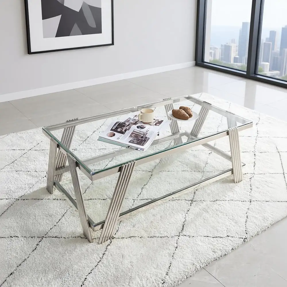 

Stainless Steel Frame Double-Layer Glass Coffee Table with Storage, Silver, for Living Room/Home Office