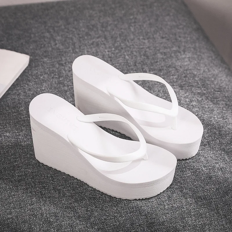 Solid High Heels Sandals Slippers Women Summer Slides Outdoor Casual Wedges Heel Soft Platform Flip Flops