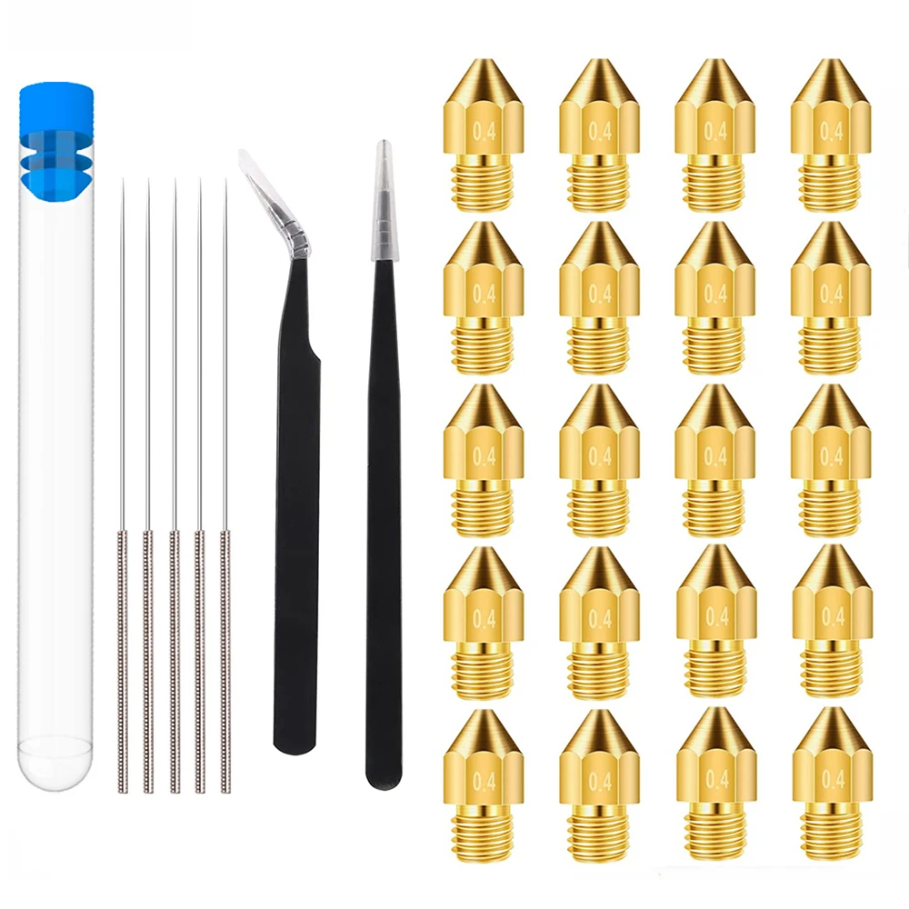 

20pcs 0.4mm MK8 Extruder Brass Nozzle 5Pcs 0.4mm Cleanning Needles Tweezers Kit for CR-10 Ender 3 Ender 5 3D Printer Parts