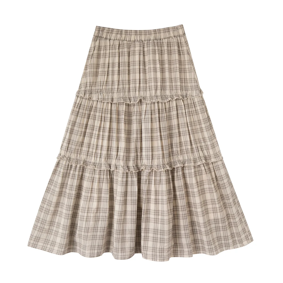 Japanese Mori Girl Style Vintage Khaki Plaid Cake Skirt Spring Summer Loose Casual College Ruffled A-line Long Skirts for Women
