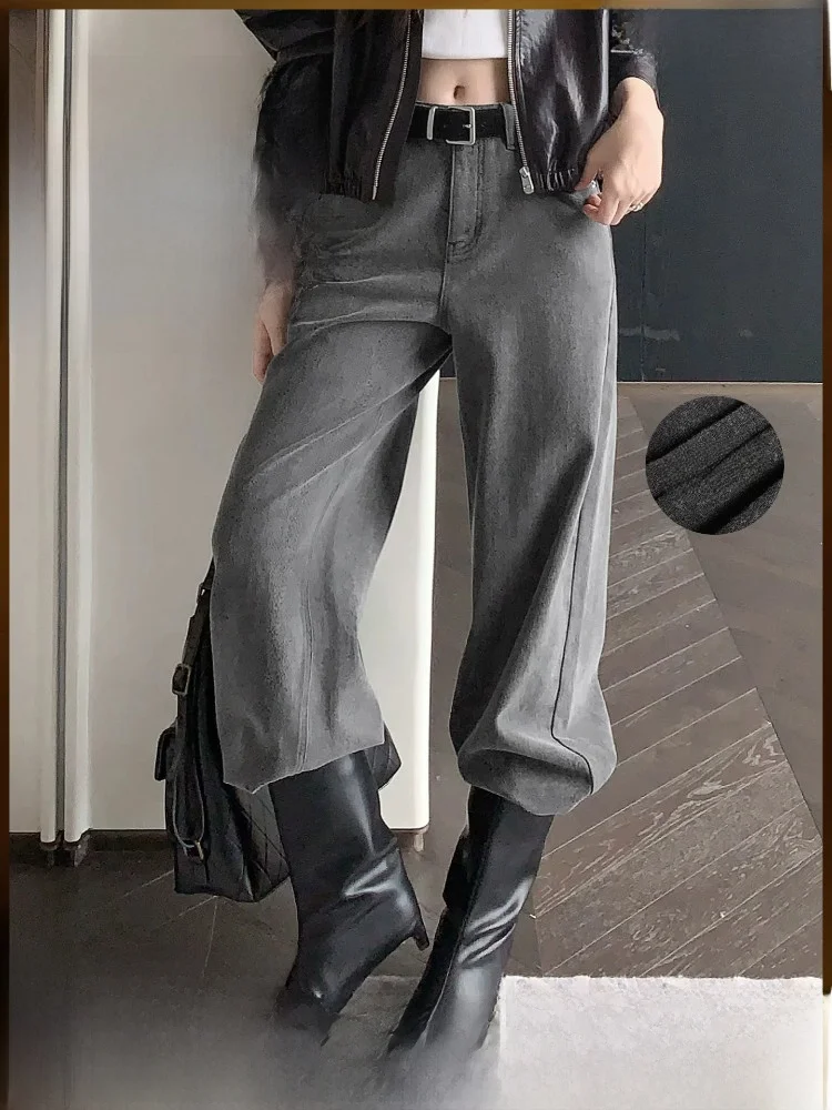 

Wild Feeling Fce Lined Wide Leg Jeans High Waist Zipper Closure Casual Pure Color Autumn Winter Ladies Loose Fit Jeans