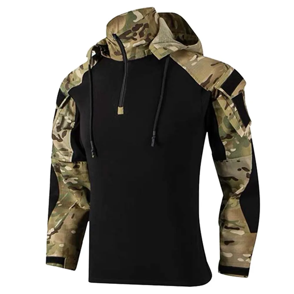 

Outdoor Shirts Camo Combat T-Shirt Hooded Men's Long Sleeve Combat Shirt Zipper Ripstop Cotton Tactical Shirts Airsoft T Shirts