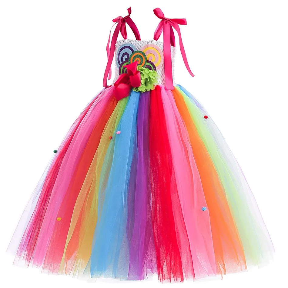 Children Cute Rainbow Candy Princess Dress Girls Christmas Carnival Lollipop Tutu Costume Kids Cosplay Performance Clothing Set