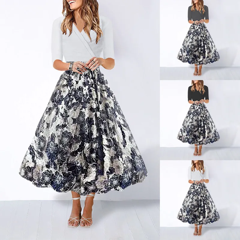 Elegant Women's Long Dresses 2025 Spring/summer New Print Patchwork V-neck Dress Floral Dress Midi Dress Abiti Lunghi Ropa Mujer