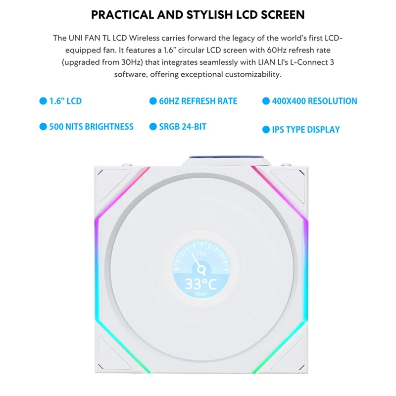 New-Lian Li UNI Fan TL Беспроводной ЖК-вентилятор 120 Вентилятор UNI FAN TL Беспроводной вентилятор с ЖК-дисплеем Корпус компьютера Вентилятор 120 мм (белый)
