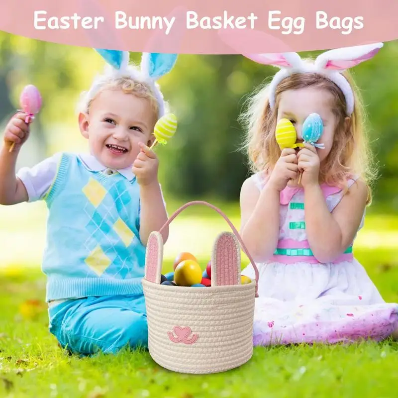 

Easter Basket Bunny Cotton Rope Tote Bag Storage Basket Rabbit Bucket Tote Bunny Basket Gift Bags For Easter Egg Hunts
