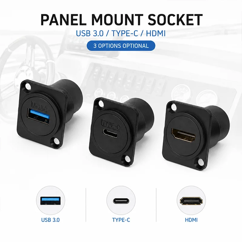 1PC D Type Metal Panel Mount Coupler USB 3.0 HDMI Type C Female Feedthrough Adapter for AV Rack Cabinet Wall Plate Patch Panel