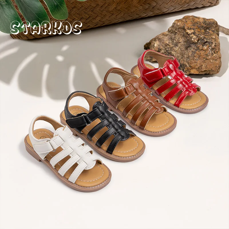 Eleganckie sandały na pasku dla dziewczynek, płaskie, z klamrą, skórzane gladiatorki letnie dla niemowląt i dzieci, w kolorze czerwono-białym.