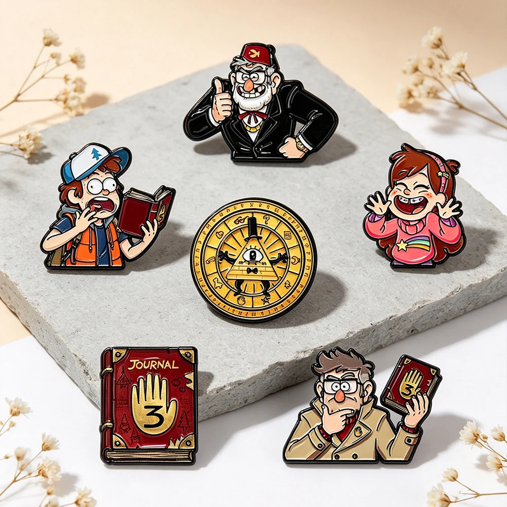 6-teiliges Gravity Falls Emaille-Pin-Set, Cartoon-Charakter-Reversnadeln, Journal Book & Bill Cipher Broschen für Rucksäcke und Kleidung – Detail 3
