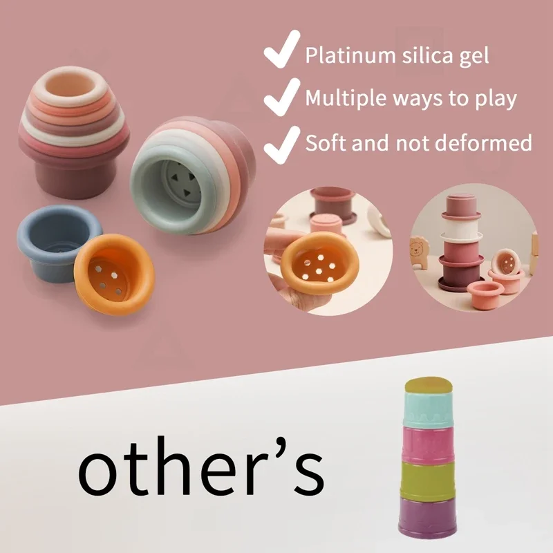 1Set Silicone Stacking Cups Montessori Toys for Kids Stacker Blocks Early Educational Toys Baby Bath Toys Ins Style Bathtub Toy