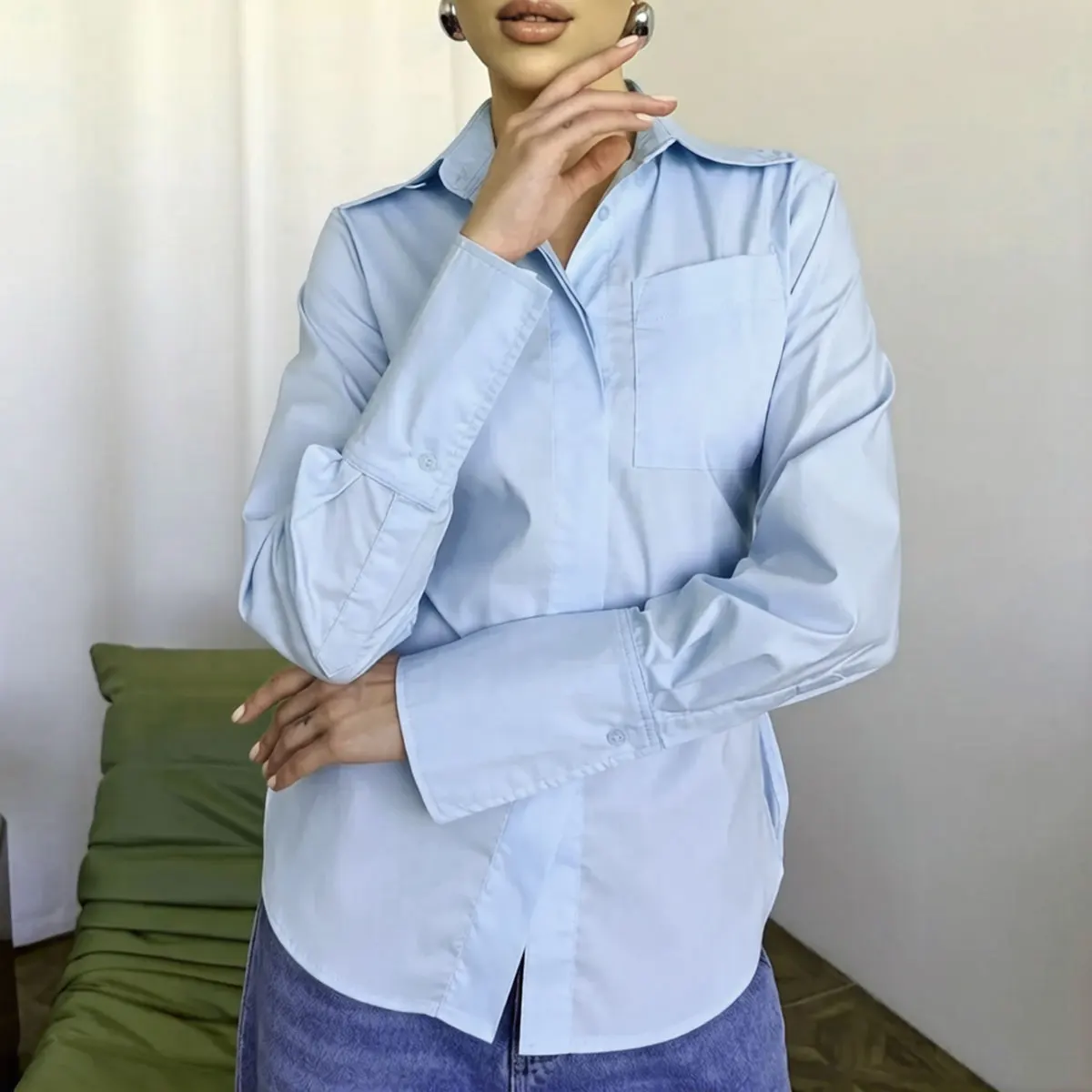 WXOY Women Long Sleeve Blouse Lapel Back Lace Up Elegant Fitted Lady's Single Breasted Casual Chic Button Down Shirt