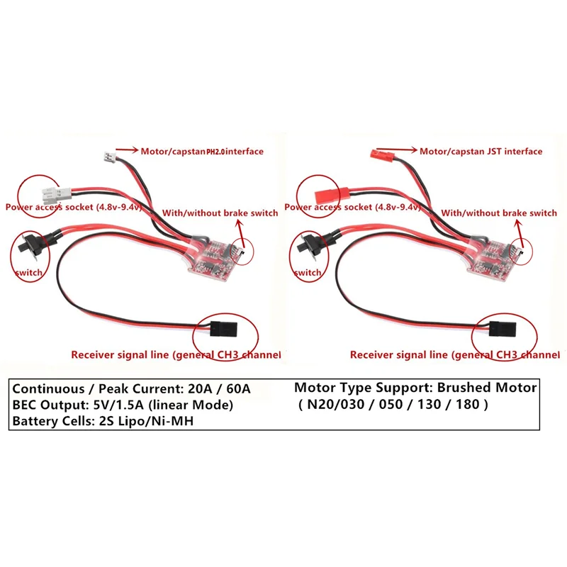 AAAEL-Compact 30A ESC للمحركات المصقولة، 4-8 فولت مع أسلاك JST لسيارات التحكم عن بعد