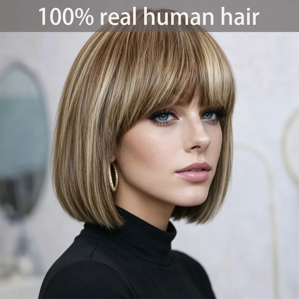 

Highlights Brown Straight Bob Wig With Bangs Realistic layered highlighted blonde Soft silky Medium Length Machine Made