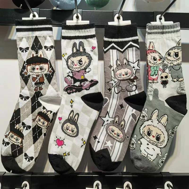 

4/5 Pairs Labubu Mid Calf Socks Cartoon Kawaii Cotton Socks Gift for Boys and Girls 18-40 Years Old