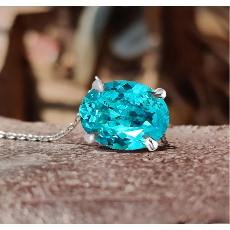 

100% 925 silvery Vintage Elegant oval shape Pendant Necklace for Teenager, paraiba YAG oval vvs1 Inlaid Luxury Fashion