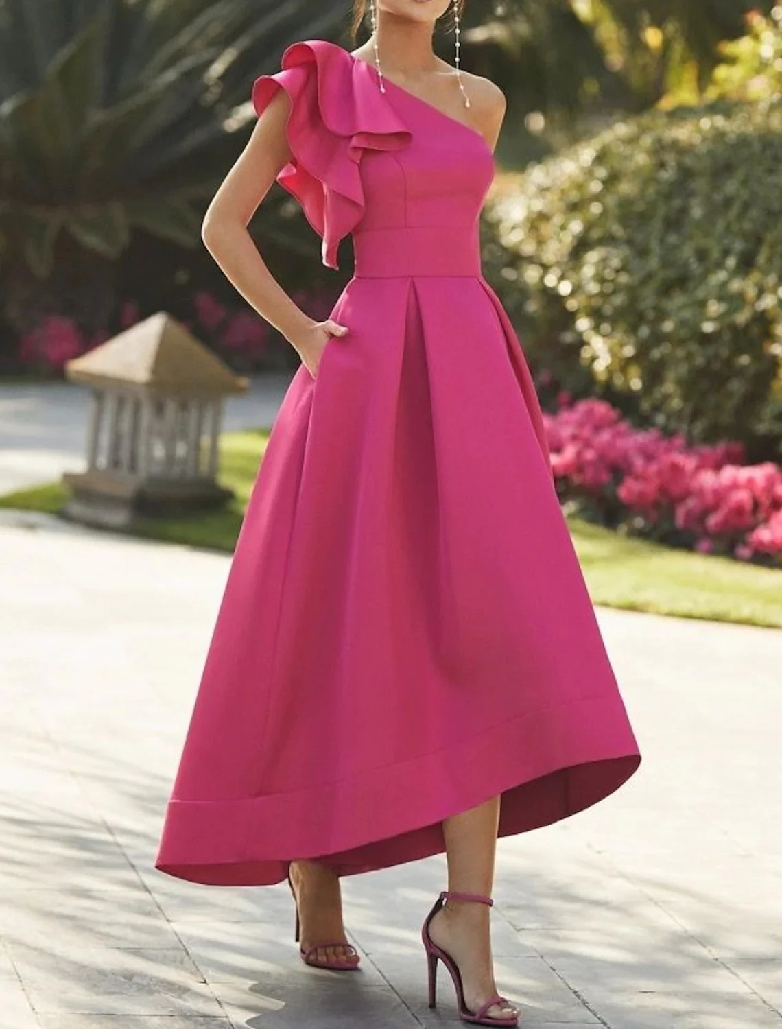 

Hot Fuchsia Cocktail Party Dresses 2024 Asymmetrical Sleeveless One Shoulder Ruffles Homecoming Prom Gown Robe De Soirée