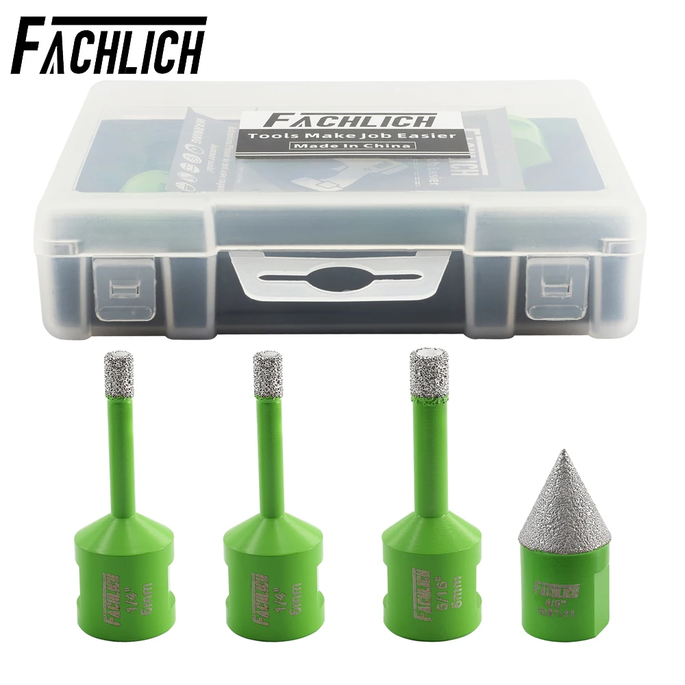 FACHLICH 4pcs 6+6+8mm Diamond Drill Bits Kit+20mm Diamond Chamfer 5/8