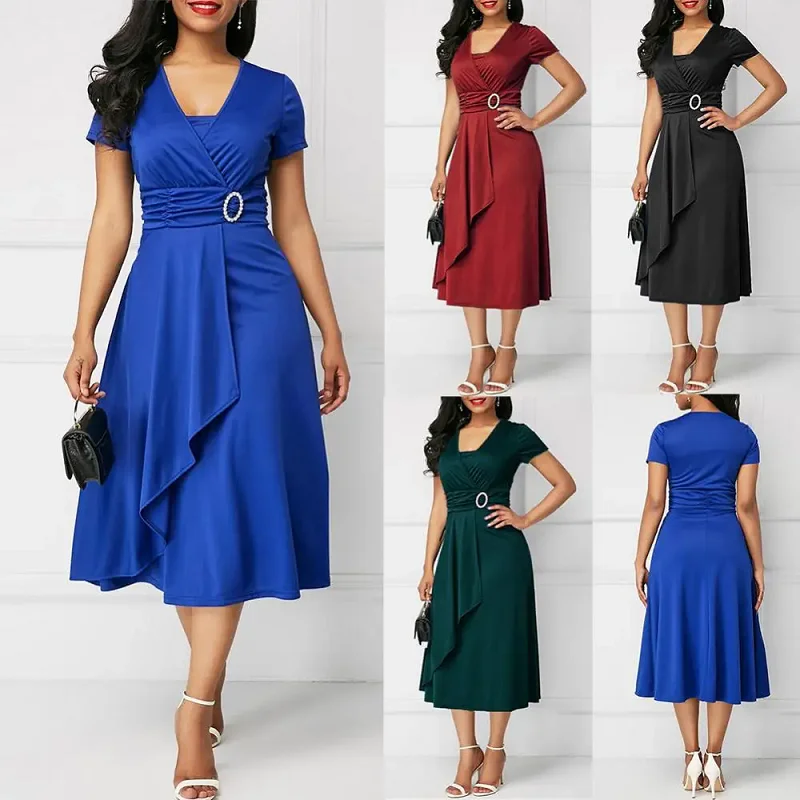 

Elegant Women Solid Color Dress Short Sleeve V Neck Asymmetric Hem Waist Tight Party Dresses Female Evening Vestidos