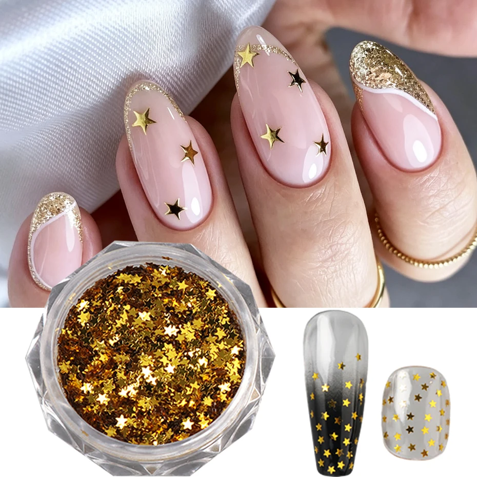 2 Colors Mini Sparkling Star Nail Art Sequin Golden Silvery Shiny Pentagram Nail Decorations Cute Accessories DIY Nail Supplies