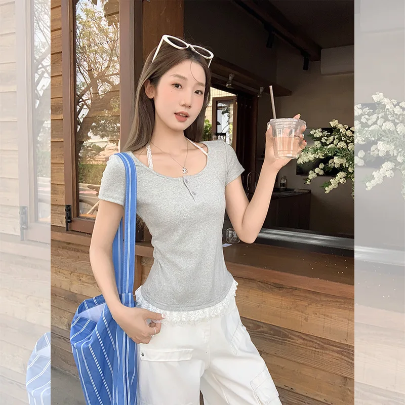 

Desire Slim Lace Stitching Hem Short SleeveTT-shirt Women's Summer Pleated Waist Inner Wear Small Top