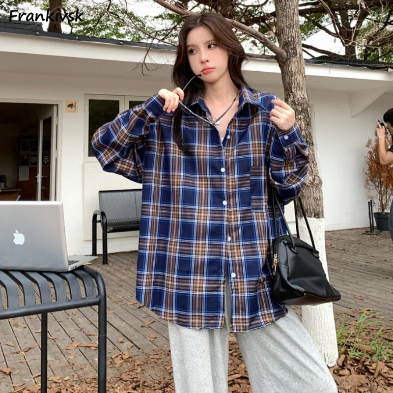 

Plaid Jackets Women Retro Fashion Casual Single Breasted Loose Turn-down Collar Korean Style Pockets Soft Comfortable All-match