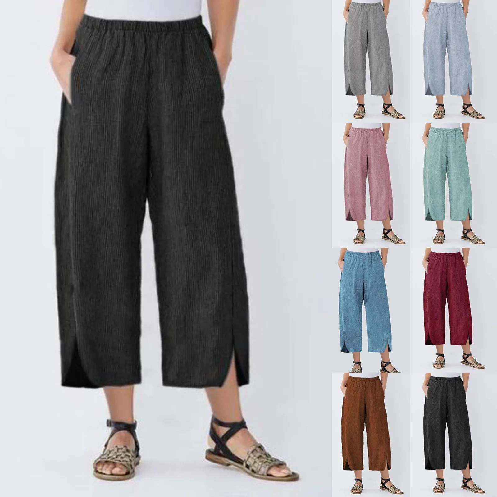 

Casual Cotton Linen Wide Leg Pants Women Loose Comfort Elastic Waist Harem Pants Vintage Solid Summer Cropped Pants Trousers