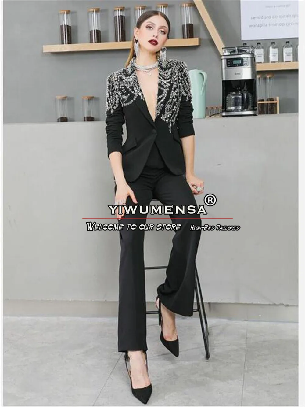 Luxury Black Women Suits Formal Party Mother Of Bride Dress Custom Made Sliver Stone Beaded Jacket Pants 2 Pieces Ladies Blazers