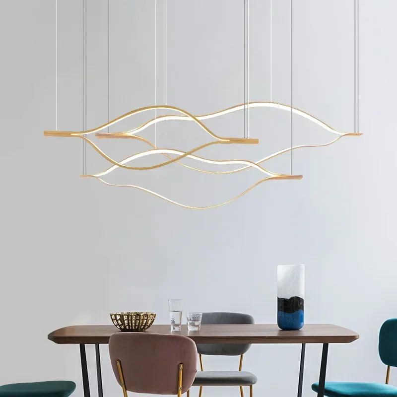 Nordic Modern Art Minimalist LED Chandelier Restaurant Living Room Bar Pendant Lamp Creative Wave Shaped Strip House Decor Light