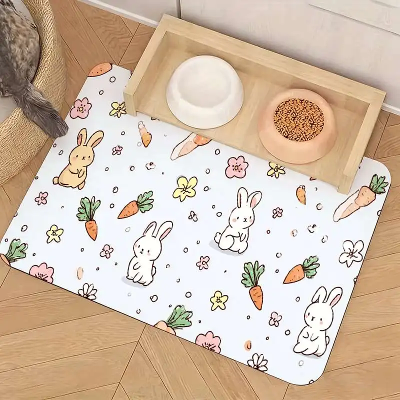 1pc Non-Slip Light Blue Pet Feeding Mat, White Rabbit And Carrot Pattern, Cute Design, Leak-Proof And Easy to Clean