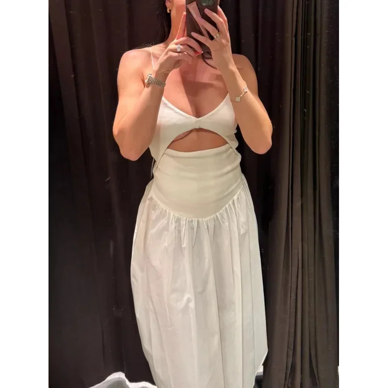 Women's Summer Fashion Sleeveless V-Neck Pleated Midi Dress Backless Opening Design Solid Color Party Suspender Dress