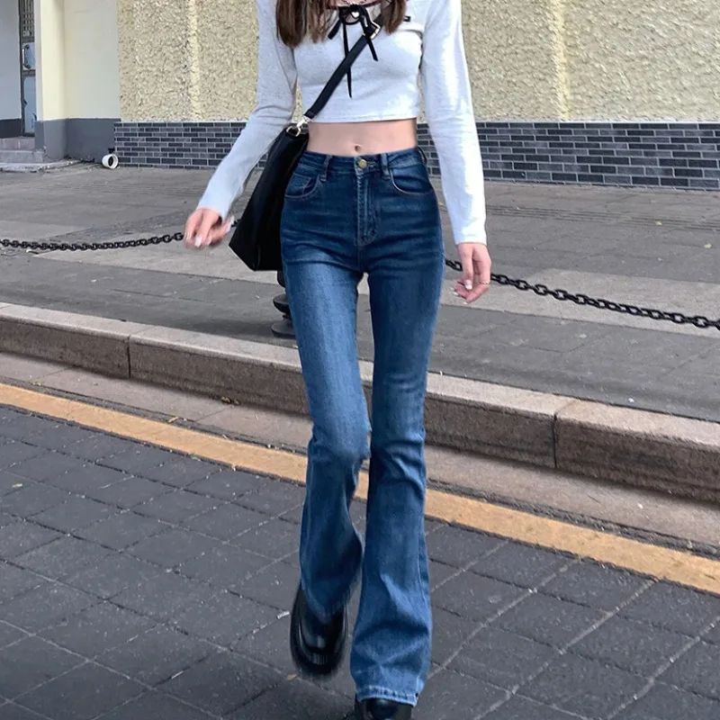 2023 New Fall Summer Flared Jeans Women\'s Blue Straight Slim Body High Waist Vintage Pants Female Korean New Solid Color Trouser