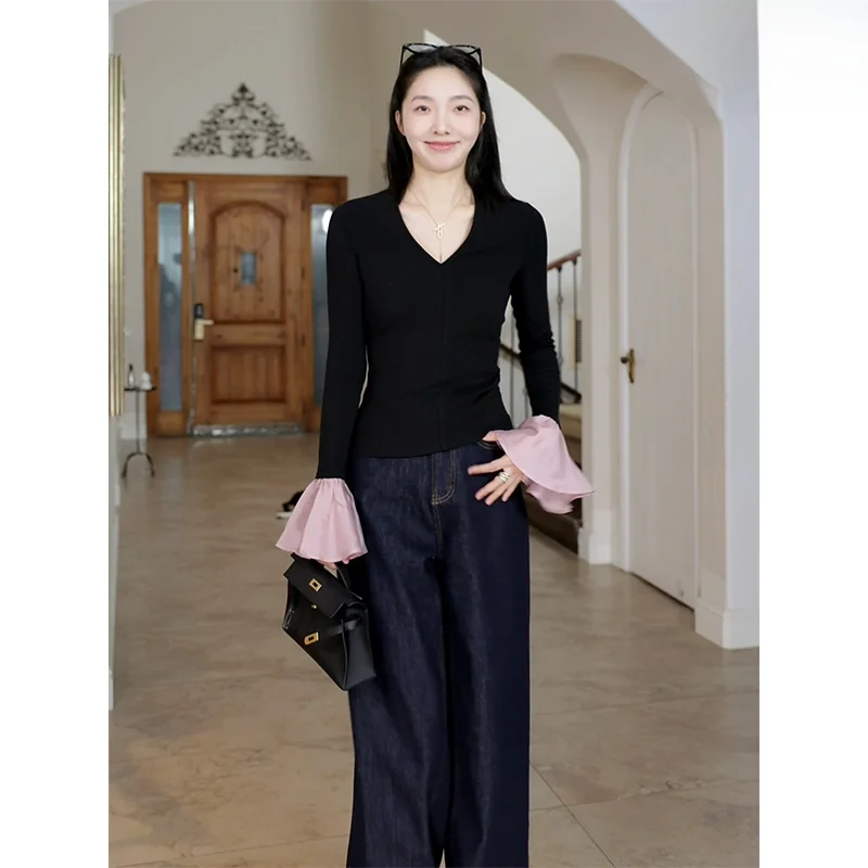 

Длинный вельветовый комплект для женщин: топ с V-образным вырезом и джинсы, зимний повседневный стиль, хлопковая ткань, размеры для взрослых 25-35