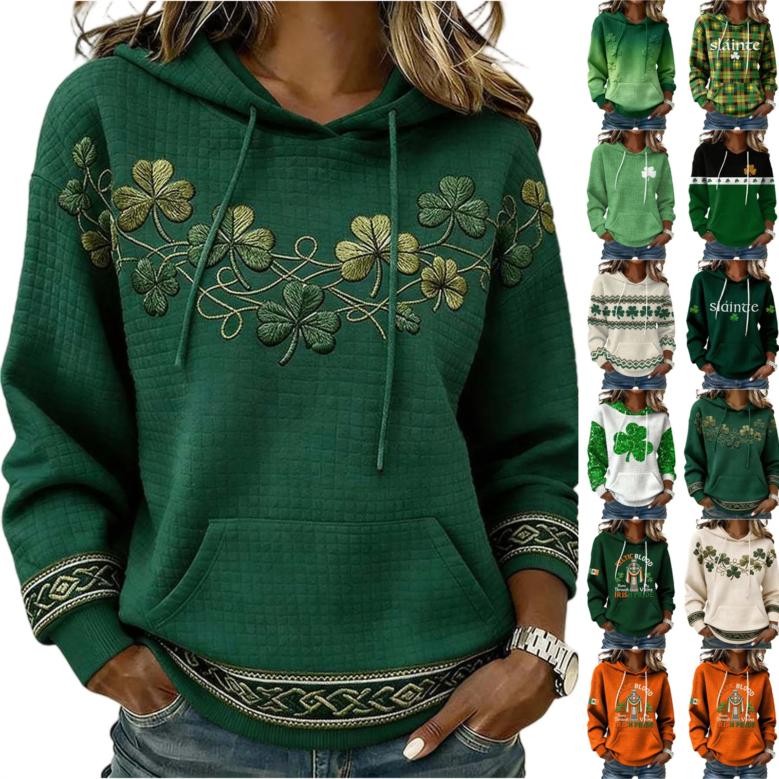 

Женская толстовка с капюшоном ко Дню Святого Патрика, свитшот с 3D-принтом клевера, повседневный пуловер с длинными рукавами, праздничный топ, одежда для ирландских фестивалей