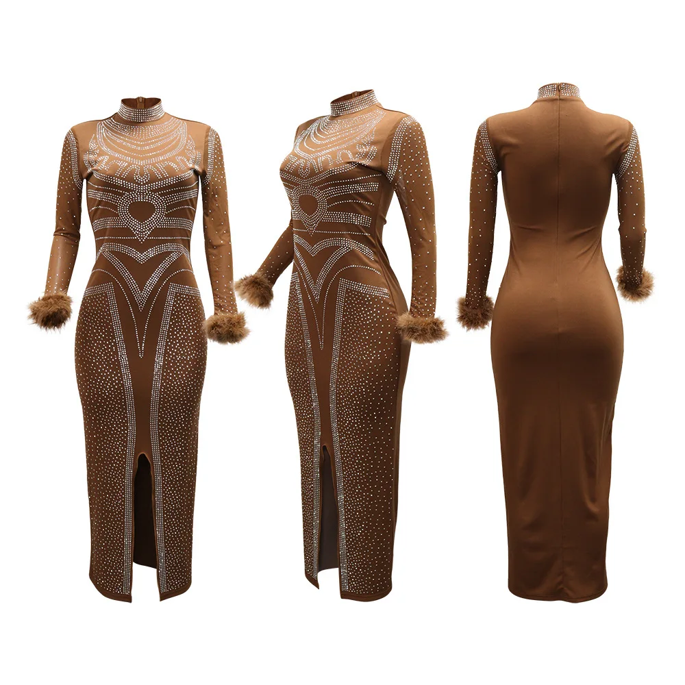 EINY Luksusowe Wieczorowe Sukienki Damskie Afrykańskie Diamenty Wysokie Rozcięcie Obcisłe Sukienki Maxi z Piórami Długi Rękaw Seksowne Sukienki na Urodziny Ślubne Eleganckie