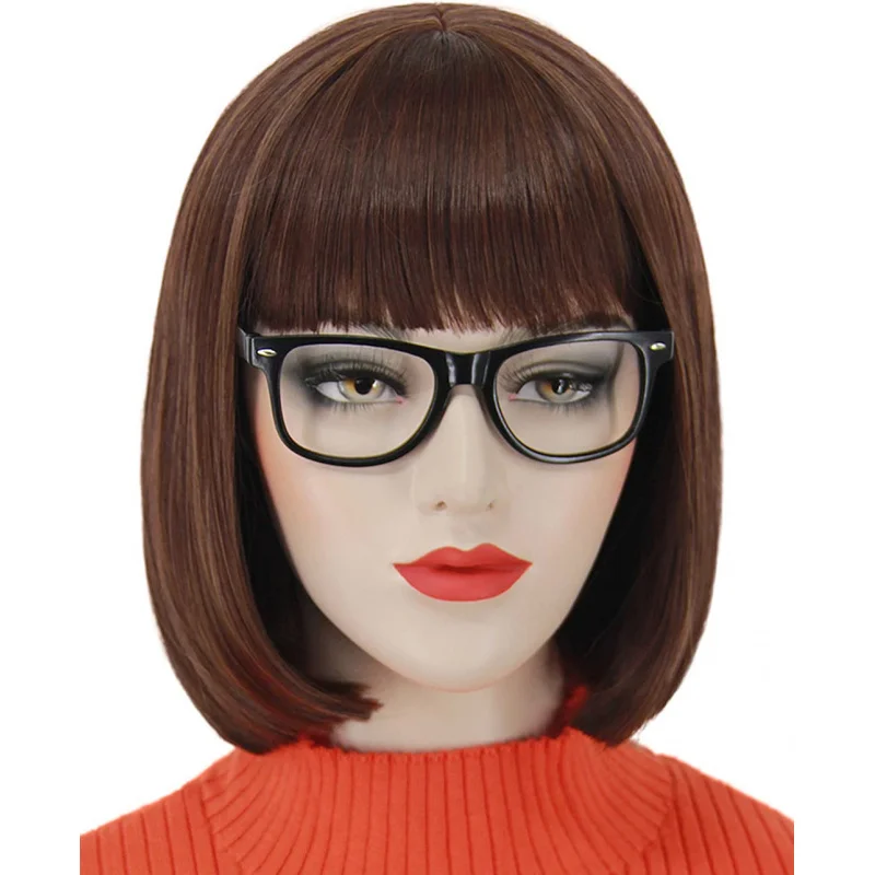 شعر مستعار بني قصير، مناسب لأزياء النساء والفتيات. باروكة صناعية مستقيمة بنية اللون مع غرة، مثالية للاستخدام اليومي