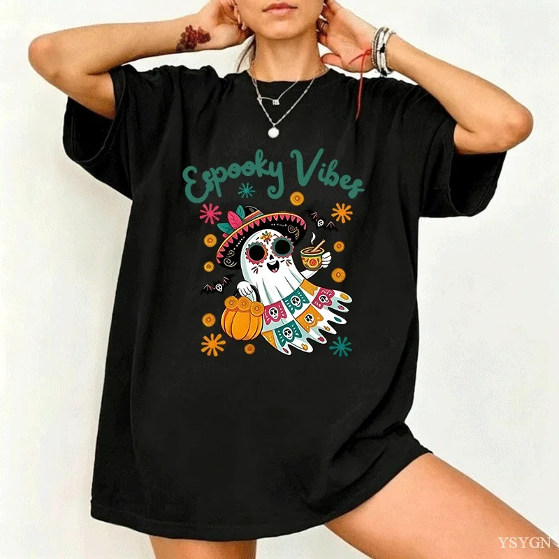 Espooky Vibes Dia De Los Muertos Ghost T‑Shirt Cute Ghost with Sombrero Pumpkin Bat Colorful Folk Floral Fiesta Halloween Tees