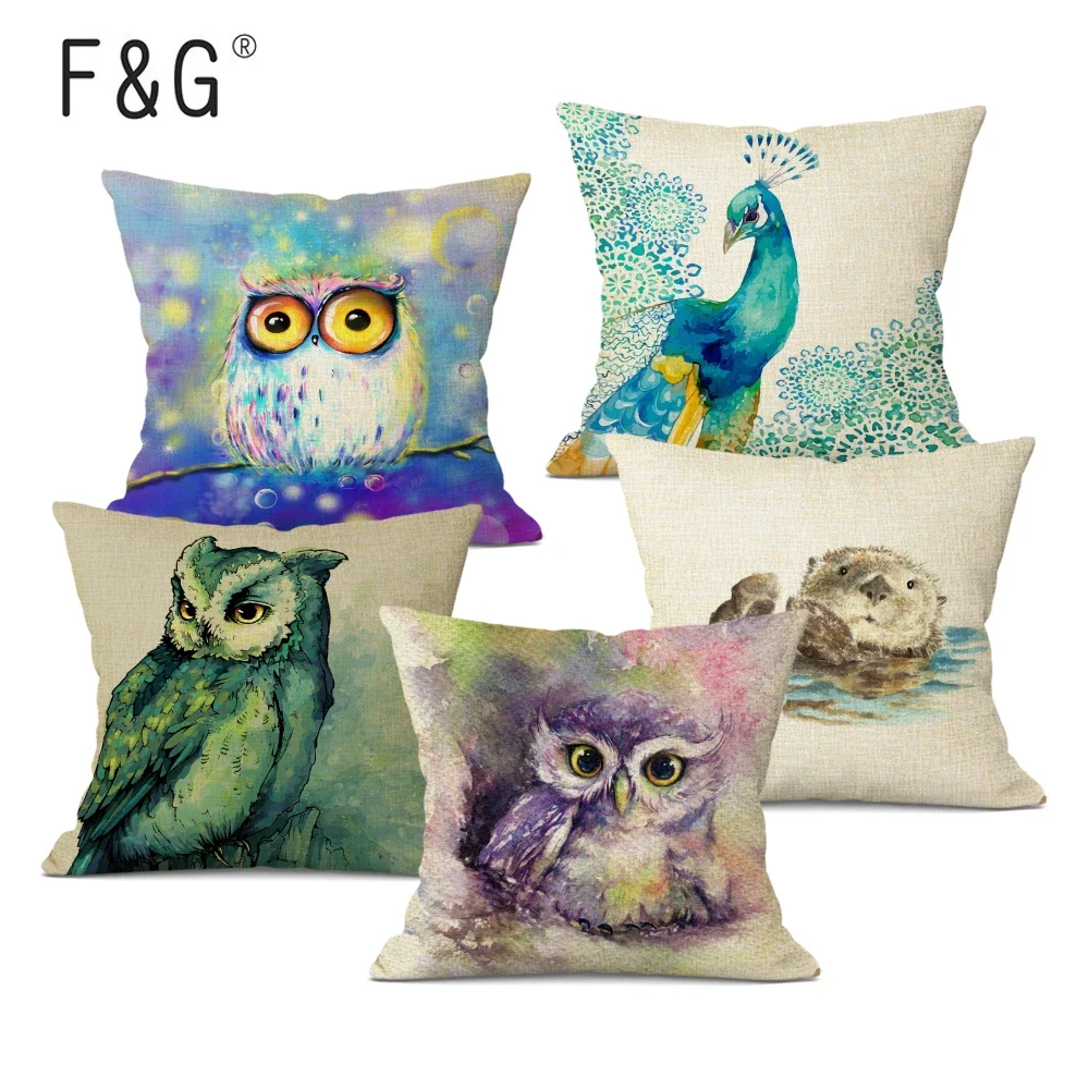 Cartoon Watercolor Animal Cushion Cover Owl Print Throw Pillow Case for Office Home Custom Pillowcase