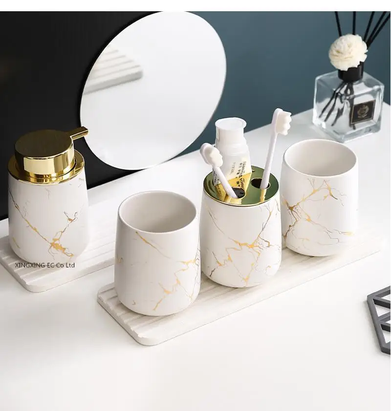 Household Bathroom Supplies Golden Marble Toothbrush Holder, Mouthwash Cup, Toothpaste Dispenser, Lotion Bottle, Diatom Mud Tray