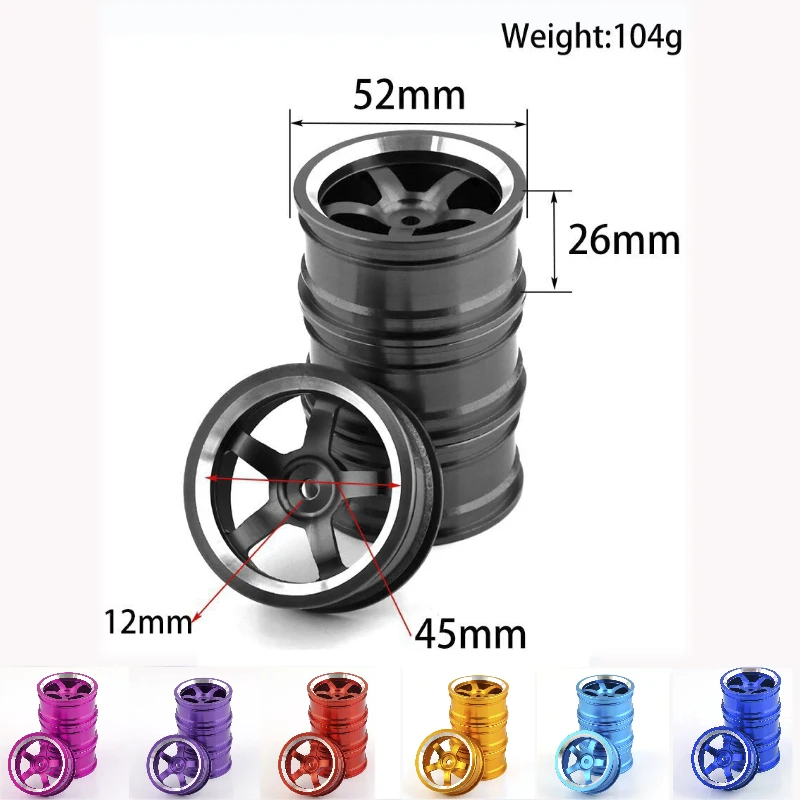 4Pcs Aluminum 52*26mm Wheel Rims for RC 1/10 On-Road Drift Traxxas HSP  94123 94122 Tamiya HPI Kyosho RedCat SAKURA