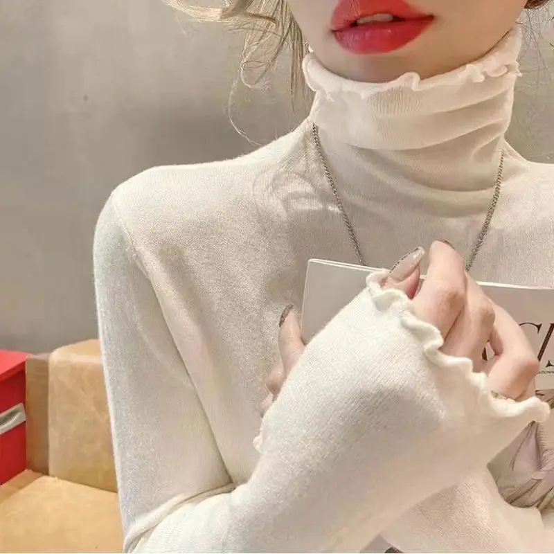 Suéteres de cuello de pila para mujer, Jersey elegante y versátil de punto con borde de hongo de estilo occidental, Top de manga larga ajustado a la