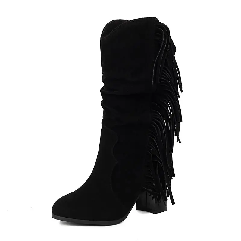 

SIMLOVEYO Женские ботинки из флока с круглым носком из флока, замша, 6,5 см, блочные каблуки, без шнуровки с бахромой, распродажа, для отдыха, на каждый день, большой размер 48, дизайн, женский